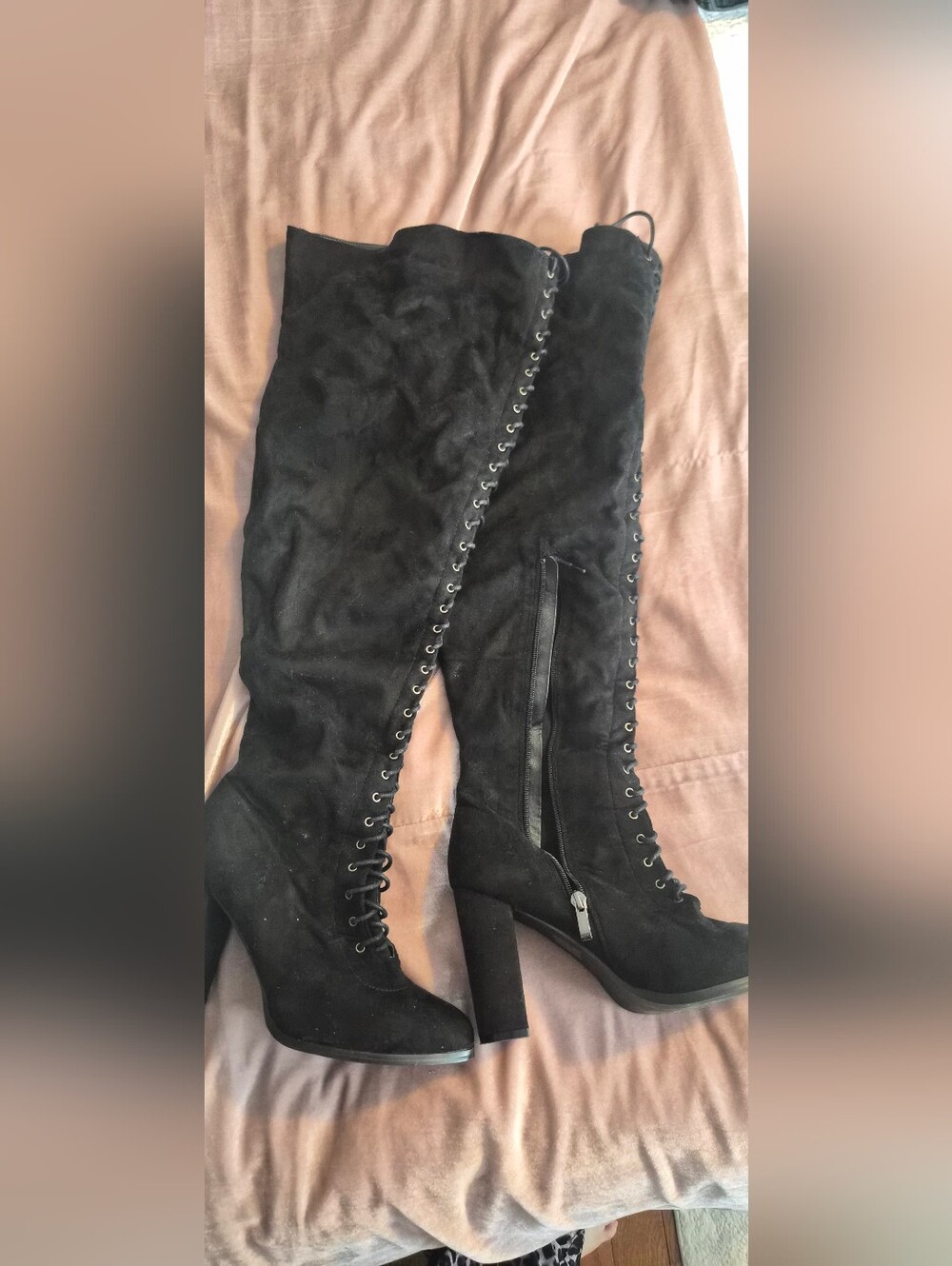 Black Lace-Up Over-the-Knee Block Heel Boots